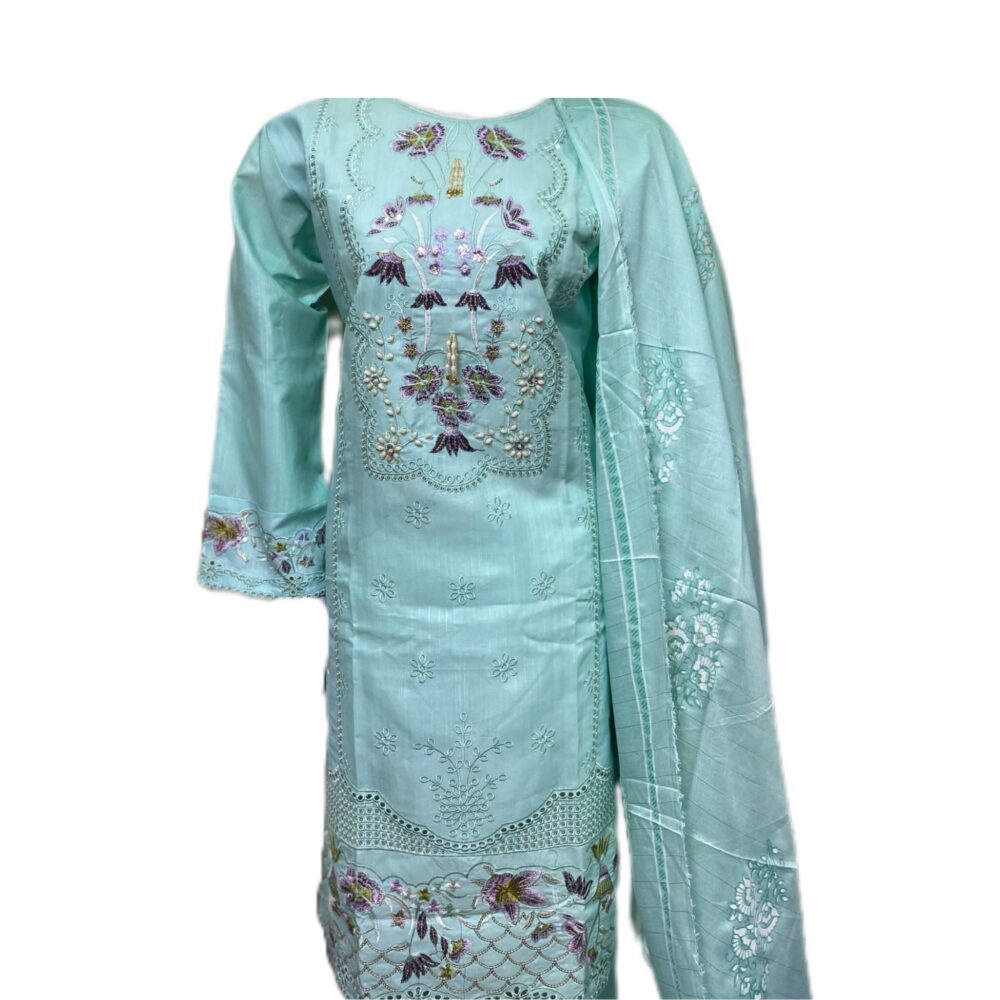 Sky Blossom Embroidered Cotton Suit at ZA Boutique